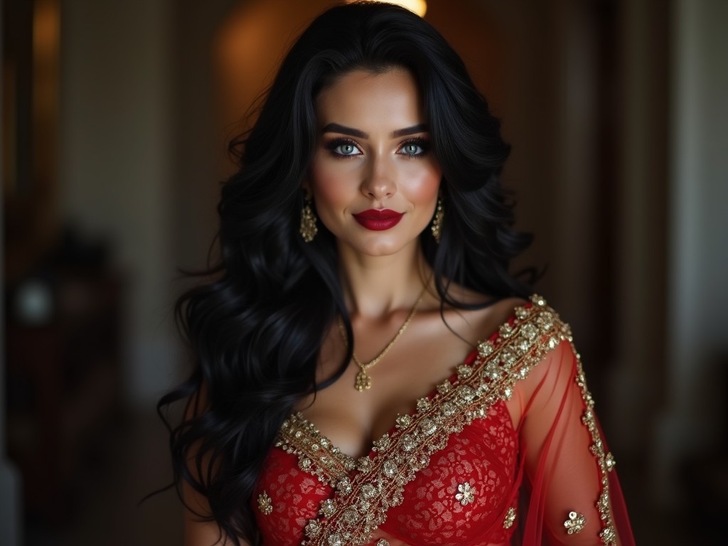 The image captures a woman elegantly dressed in a red and gold traditional outfit. The garment features intricate embroidery, adding a luxurious touch. Her black hair cascades in curls, complementing her poised expression. The warm and soft lighting enhances the opulence of her attire and the sophistication of her appearance.