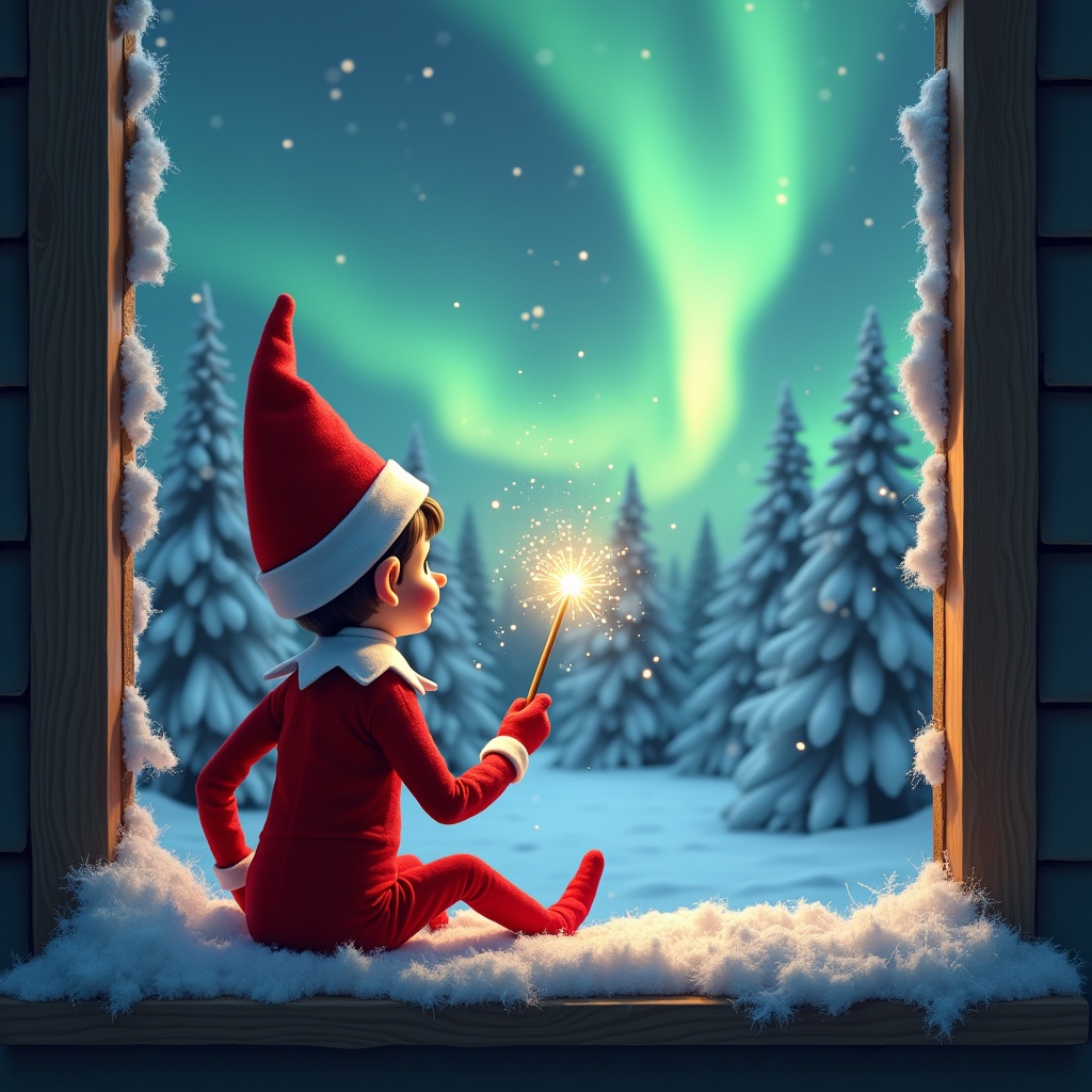 The image features an adorable elf on the shelf sitting on a window ledge, with his back turned to the viewer. He is using a magical wand to create twinkling sparks while looking up at a stunning display of northern lights. The background is set in a winter wonderland, filled with snow-covered pine trees, conjuring a festive holiday feel. Dressed in a vibrant red outfit with white trim, the elf embodies the Christmas spirit. The scene is illuminated by the enchanting colors of the aurora borealis, enhancing the magical ambiance.