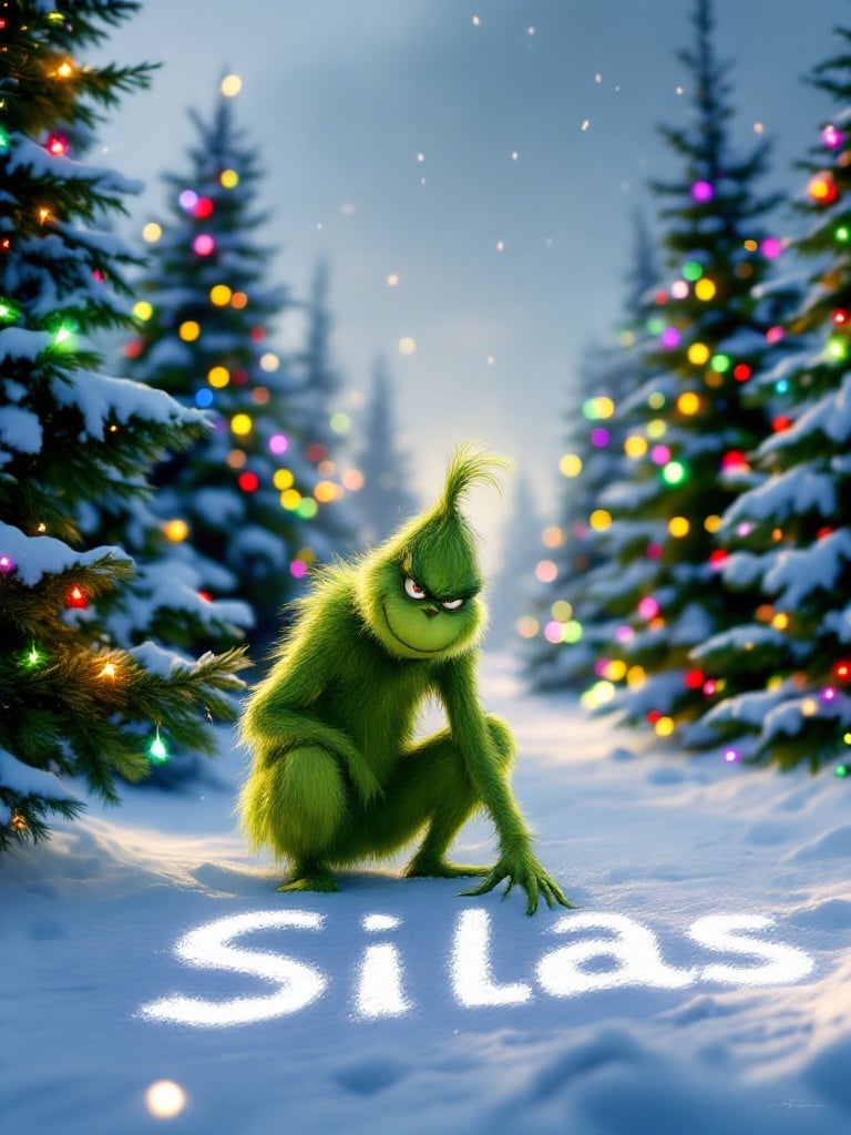 Grinch sits in snow among Christmas trees. Colorful lights adorn trees. Grinch writes name Silas in snow.