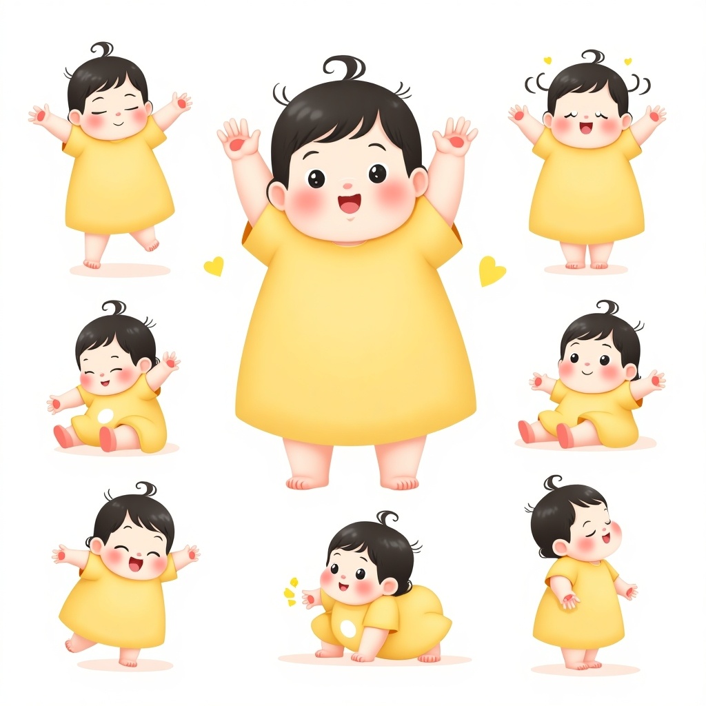 A kawaii whimsical toddler character in a yellow dress with puff sleeves. Various cute expressions are shown. She has short hair, big eyes, and big cheeks.