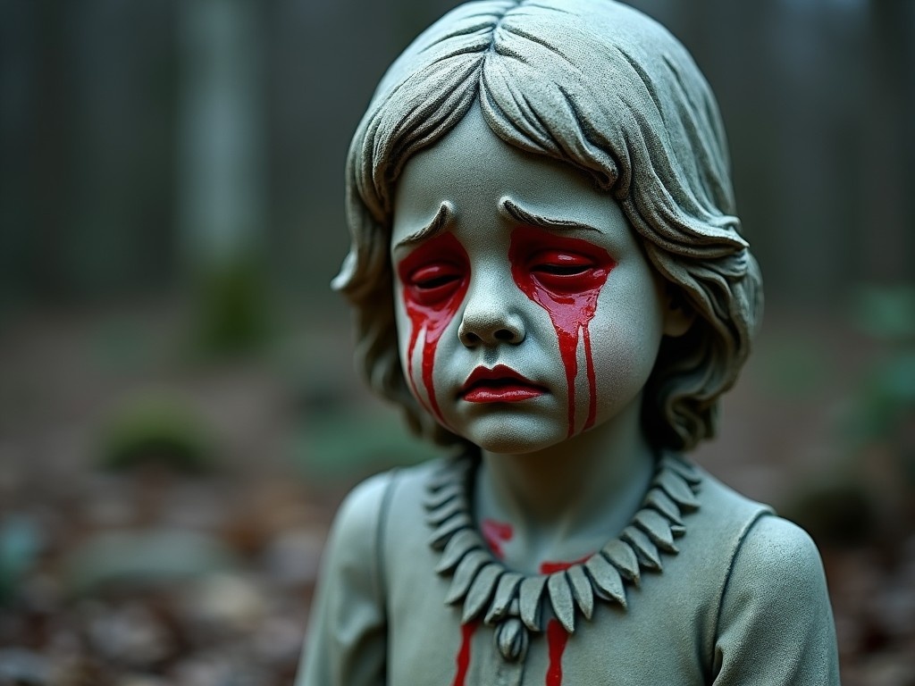 The image showcases a stone statue of a girl with an expression of deep sorrow. Her face is pale gray, evoking a somber mood. Bright red paint streams from her eyes, symbolizing tears of anguish. The backdrop features a blurred, dark forest, adding to the unsettling feeling. This juxtaposition of innocence and horror captivates the viewer's attention and evokes strong emotions.