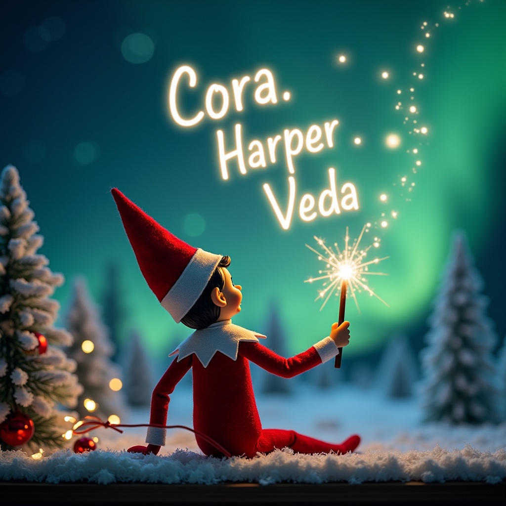 An enchanting Christmas scene features an elf on the shelf facing the sky. The elf, dressed in bright red and white, holds a magic wand, crafting glowing script in the air. Names 'Cora', 'Harper', and 'Veda' illuminate around him. In the background, vibrant northern lights create a magical atmosphere. Snow-covered trees add to the festive setting. The composition captures the wonder and excitement of the holiday season.