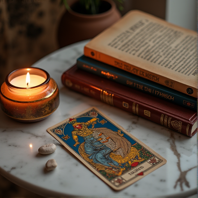 A serene setup featuring a lit candle, tarot card, and stack of ornate books on a marble surface.