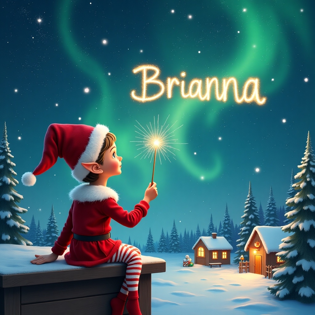 Elf on a wooden ledge looks at a magical sky. Dressed in red with a pointed hat, holds a sparkling wand. Writes names in the sky. Snowy landscape with charming houses and evergreen trees. Captures childhood magic and Christmas cheer.