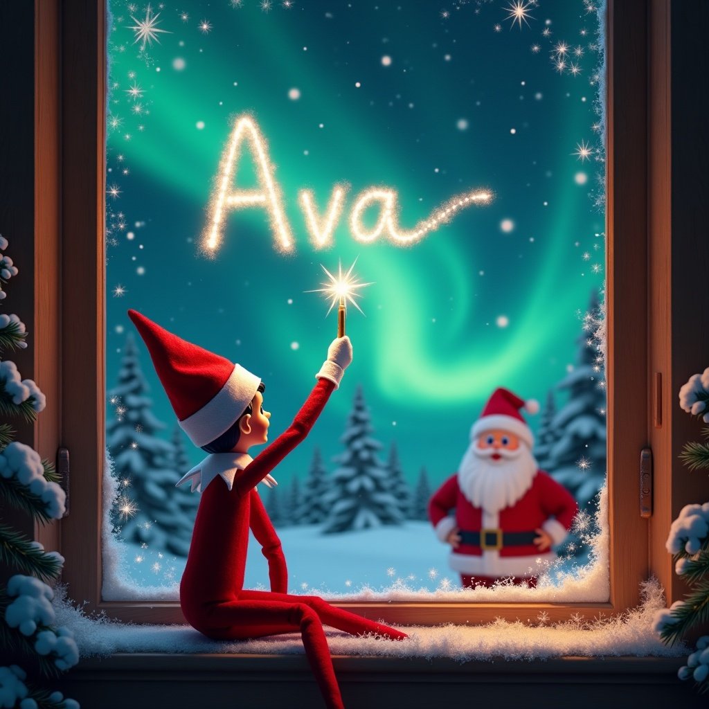 The image depicts a cheerful scene featuring an elf on the shelf sitting by a window. The elf, having its back turned, is facing a mesmerizing sky filled with northern lights. With a sparkling wand, the elf skillfully writes the name 'Ava' in shimmering light. Outside the window, Santa Claus stands with a joyful expression, contributing to the festive mood. Snow-covered trees surround the window, enhancing the enchanting winter atmosphere.