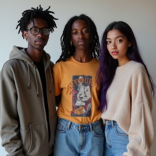 Photo style shoot of three models showcasing diversity in fashion. One model has dreadlocks and glasses, another has straight black hair with a graphic tee. The third model has purple hair wearing an oversized sweater. They pose together against a neutral background.