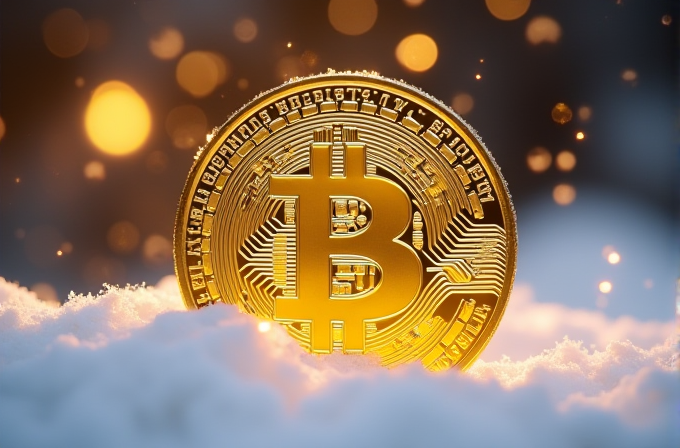 A golden Bitcoin coin is partially buried in snow with glowing orange lights in the background.