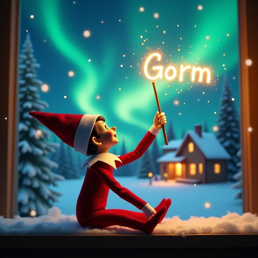 An elf on the shelf sits with its back to the viewer, gazing upward while holding a glowing wand that emits sparkling light. The backdrop presents a charming Christmas scene featuring the beautiful northern lights swirling in the night sky. In the distance, a cozy house, adorned with holiday decorations, can be seen. The ground is blanketed with fresh snow, enhancing the winter wonder atmosphere. The elf is playfully posed, embodying the spirit of Christmas magic. The name 'Gorm' is written in the air with the wand, creating a festive display of cheerful light.