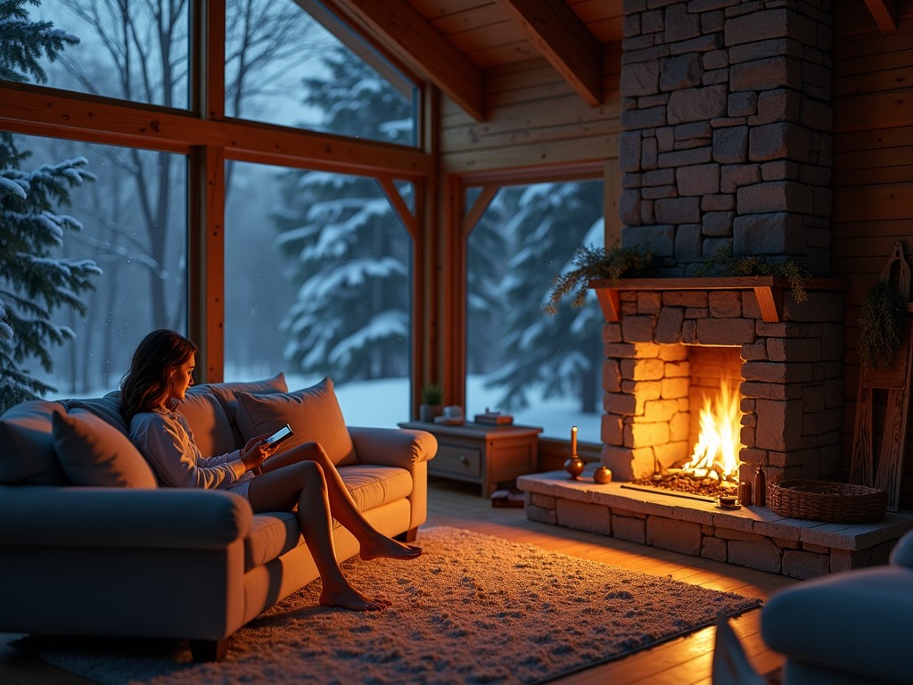 A woman sits comfortably on a plush sofa, reading by the warm glow of a fireplace in a cozy wooden cabin. The large glass windows behind her reveal a tranquil snowy landscape, creating a contrast between the chilly outdoors and the warmth indoors. The setting exudes a sense of peace and relaxation, perfect for a quiet winter evening.