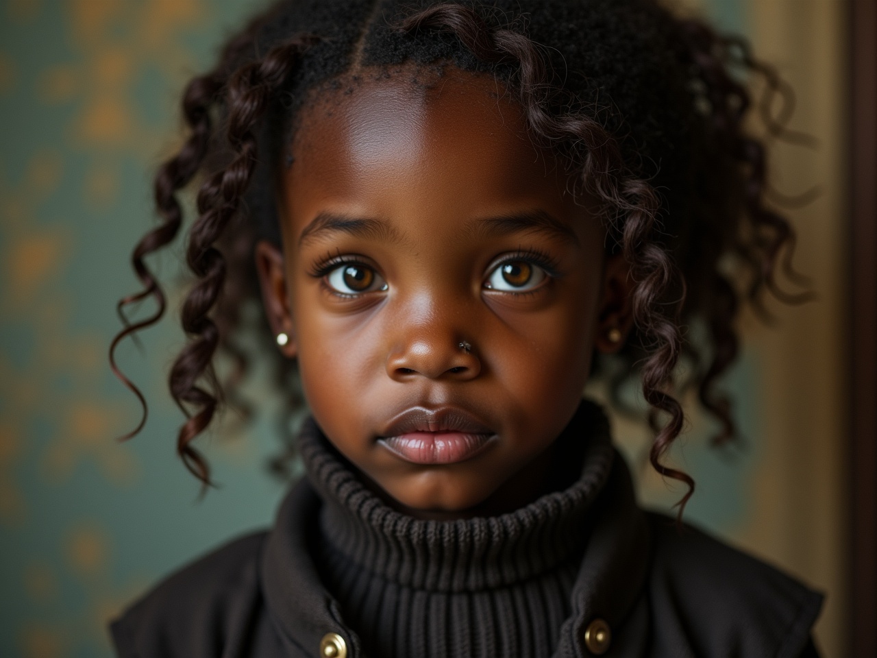 The image features a portrait of a young girl with striking curly hair and captivating eyes. She has a subtle expression that conveys a sense of curiosity and innocence. The background is softly blurred, drawing attention to her features. She wears dark-colored clothing that suggests a vintage style. The lighting is warm and complements her skin tone beautifully, creating an inviting atmosphere.