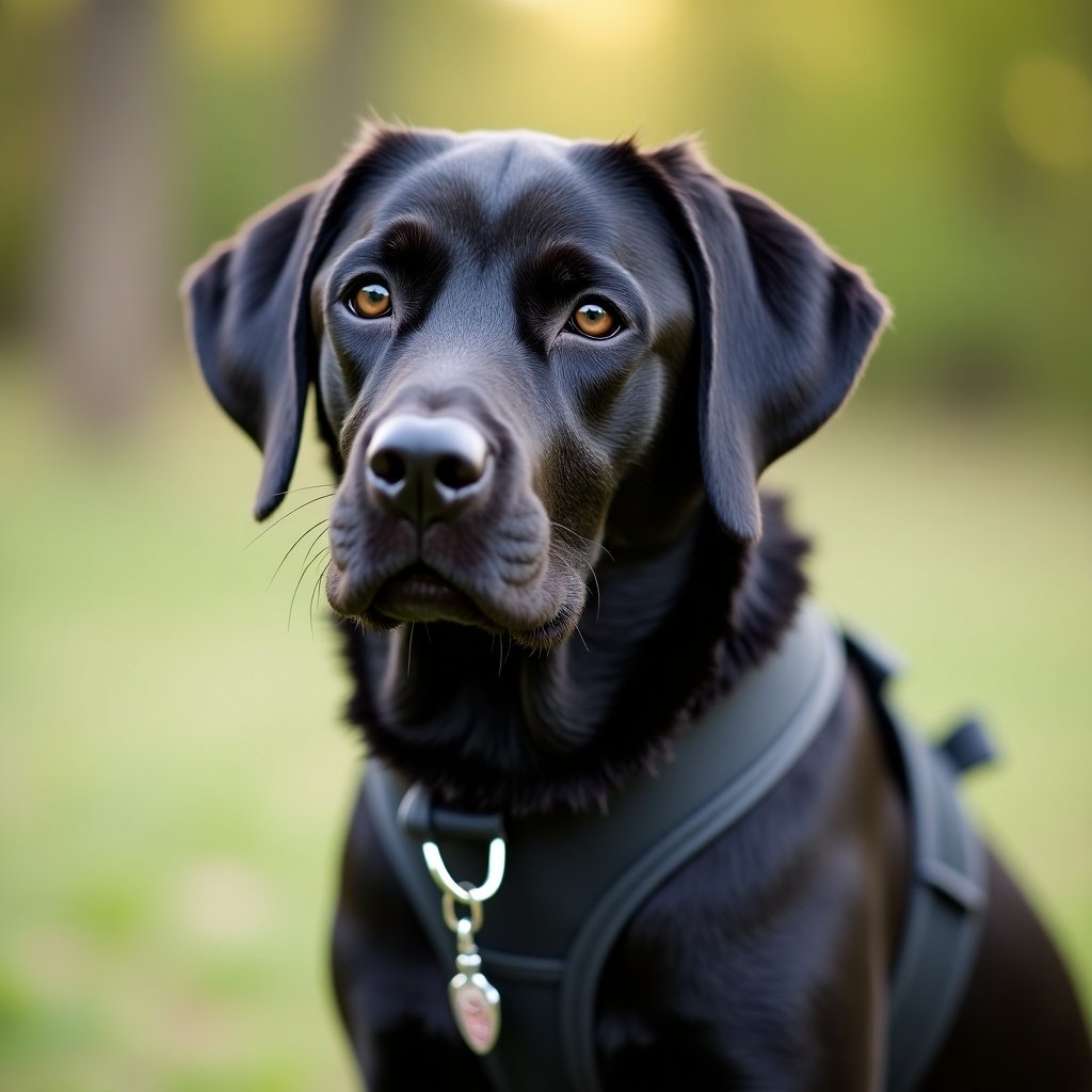 Close-up of a black labrador dog wearing a harness. Dog has expressive brown eyes and is in a green outdoor setting.