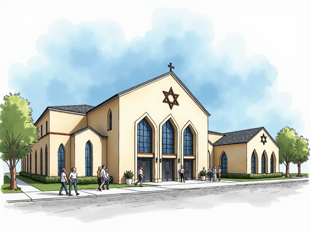 The image is a sketch of a building, likely a synagogue. It features large arched windows and decorative elements, including a star symbol prominently displayed at the center. The design combines traditional and modern architectural styles with a light color palette. People are seen walking outside the building, suggesting an inviting atmosphere. The background has a light blue sky with soft clouds, adding a serene touch to the scene. The artist used watercolor-like techniques for a more vibrant effect.