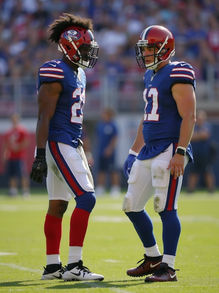 Two football players stand on the field. They wear matching blue and red uniforms. The scene shows excitement and competition.