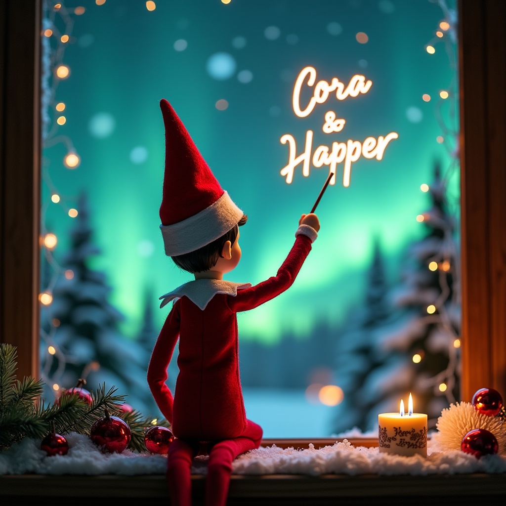 An enchanting Christmas scene featuring an elf on the shelf. The elf is dressed in red and white, facing the vibrant sky with his back to the viewer. He holds a magic wand, writing 'Cora', 'Harper', and 'Veda' in glowing letters above him. The backdrop is filled with northern lights that add a touch of magic to the ambiance. Snow-covered trees and festive decorations surround the scene, enhancing the Christmas spirit. This whimsical imagery evokes a sense of wonder and excitement, capturing the joy of the holiday season.