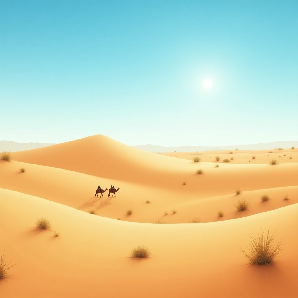 Wide view of desert landscape featuring two camels walking through sandy dunes under a clear blue sky. Sun shining brightly in the background creates vast horizon.