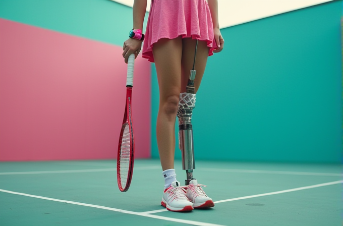 A young woman in a pink tennis dress with a prosthetic leg holding a tennis racket stands on a colorful court.