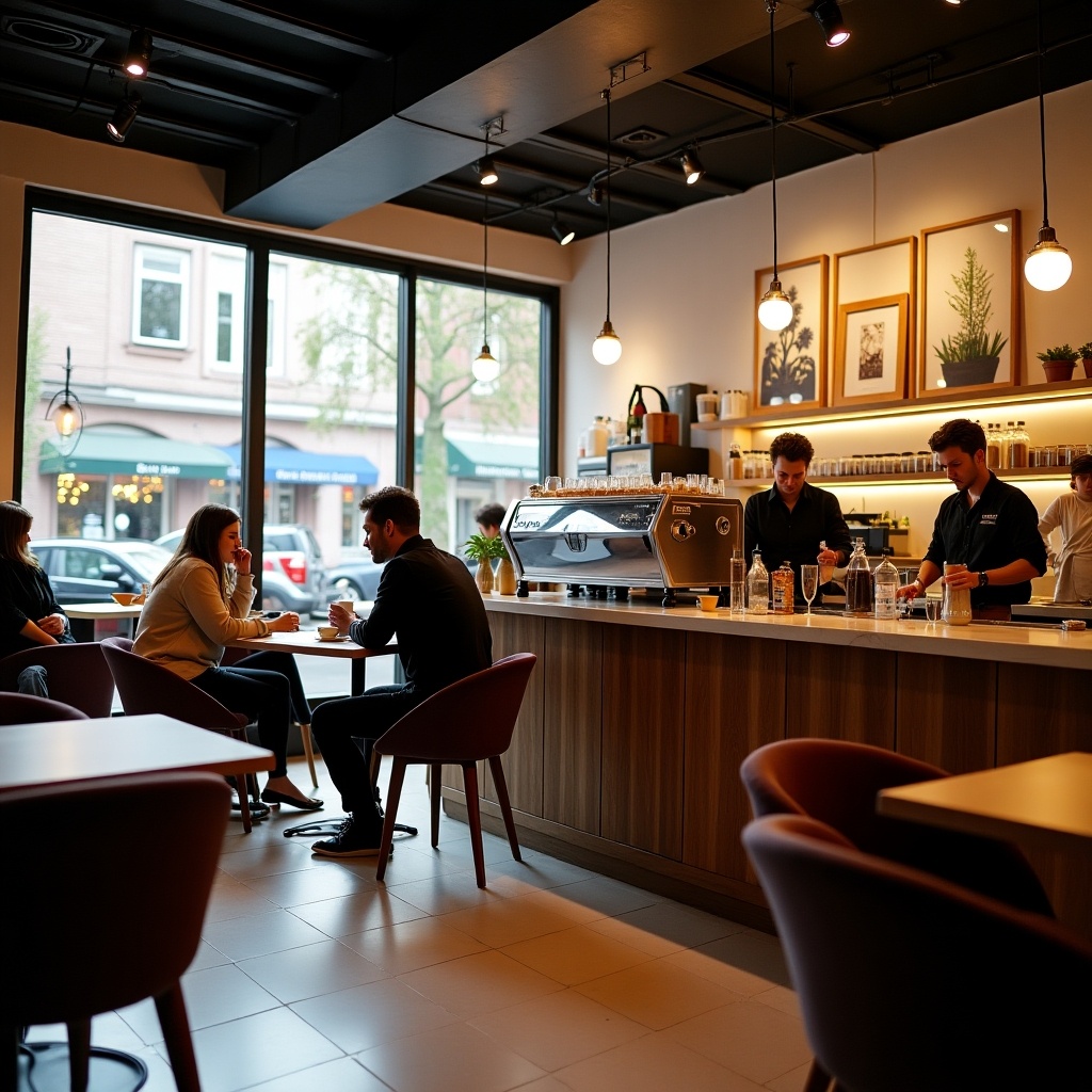 A modern coffee shop interior with a barista preparing drinks. Customers are engaged in conversations. Bright large windows allow natural light. Warm ambiance with stylish furniture.