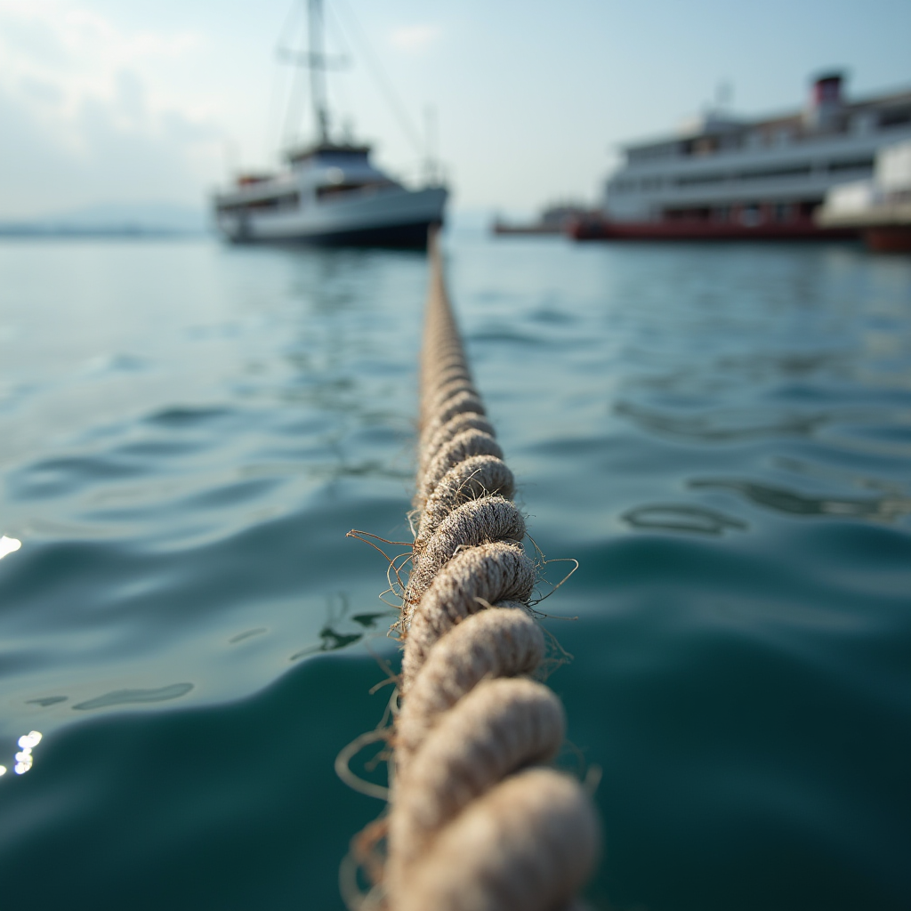 A focused close-up of a taut rope leading to a blurred, moored ferry over calm waters.