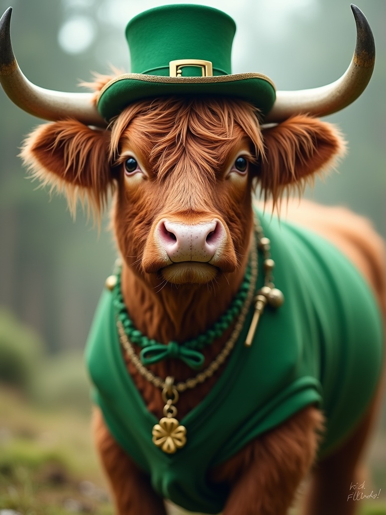 Realistic depiction of a Highland cow dressed up for St. Patrick's Day wearing a green hat and clothing. The cow has a friendly expression and is in a natural setting with a soft focus on the background.