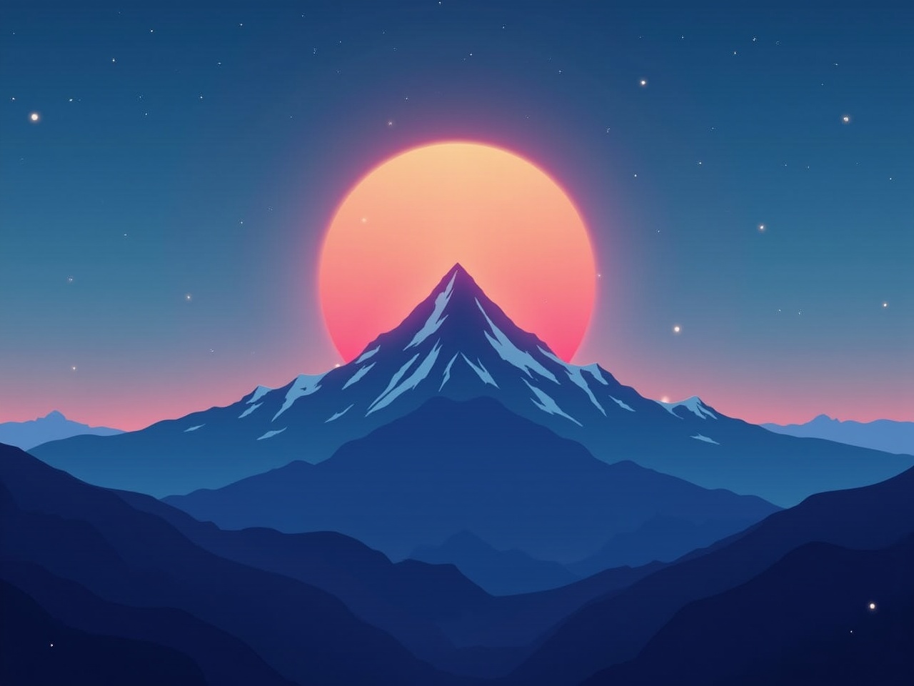 This image features a stylized mountain peak set against a sunset. The sun is large and glowing, casting a soft pink light over the snow-capped peak. The background displays deep blue hues, creating a tranquil atmosphere. The landscape includes layers of mountains in the foreground and slightly darker shades in the background, emphasizing depth. Stars twinkle lightly in the sky, adding to the overall calmness of the scene.