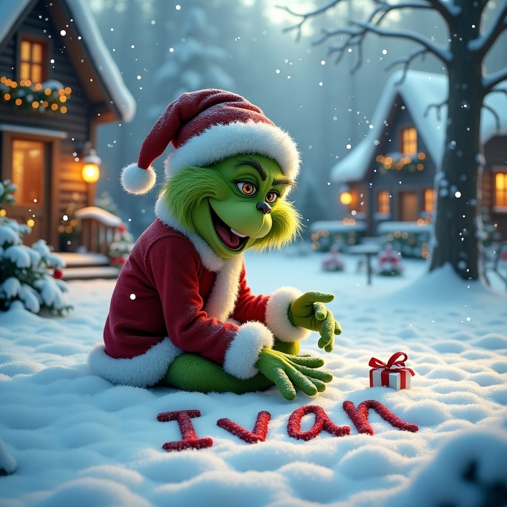 In a snowy landscape, the Grinch in a red and white outfit writes 'Ivan' in the snow. Cheerful snowflakes fall around him. Cozy cottages are adorned with warm lights creating a magical vibe. This image captures the joyful spirit of the holiday season.