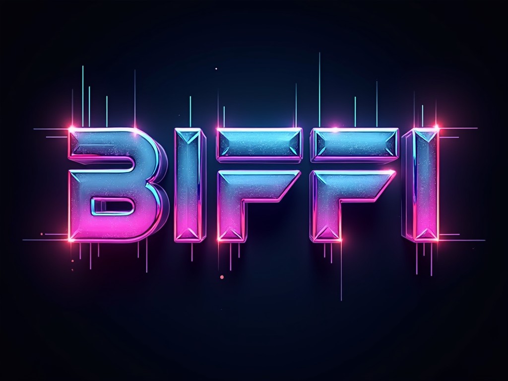 The image features the word 'BIFFI' rendered in bold, three-dimensional typography with a neon glow. The colors transition between vibrant pinks and electric blues, set against a dark background, highlighting their luminescence. Geometric lines and small light bursts add a futuristic, digital aesthetic, reminiscent of retro-futuristic design.