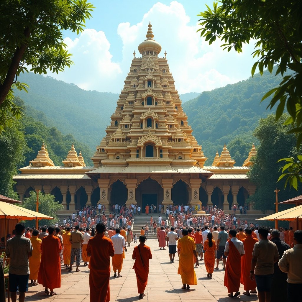 A majestic temple with intricate architecture surrounded by mountains. Devotees in traditional attire gather, creating a vibrant spiritual atmosphere. Daylight enhances the beauty of the scene.