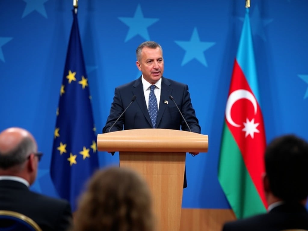 A man is standing behind a podium, dressed in a formal suit and tie. He's speaking into a microphone and appears to be delivering a speech to an audience. Behind him, there are two flags: one representing the European Union and the other representing Azerbaijan. The background features a blue design with white stars, creating a formal and official atmosphere. The setting seems to be a conference or event, with attendees seated in chairs.