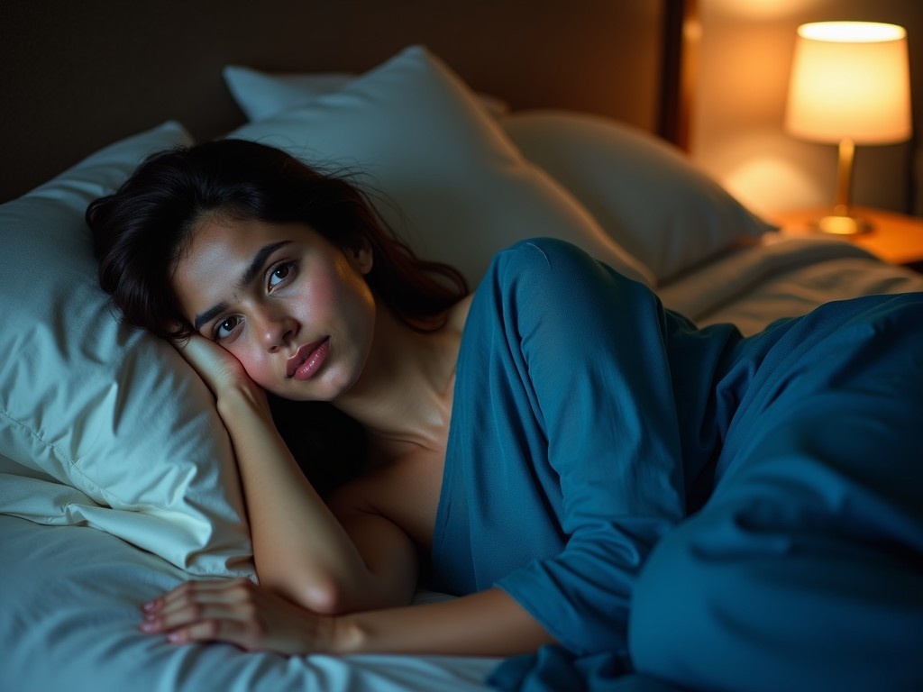 A young woman is captured resting in bed, looking directly at the camera with a relaxed expression. She wears a beautiful blue saree, giving her a distinct and elegant appearance. The soft morning light from a bedside lamp creates a warm atmosphere in the cozy bedroom setting. Her natural beauty shines through as she has no makeup on and just woke up. The bedding is white and fluffy, complementing her serene pose.