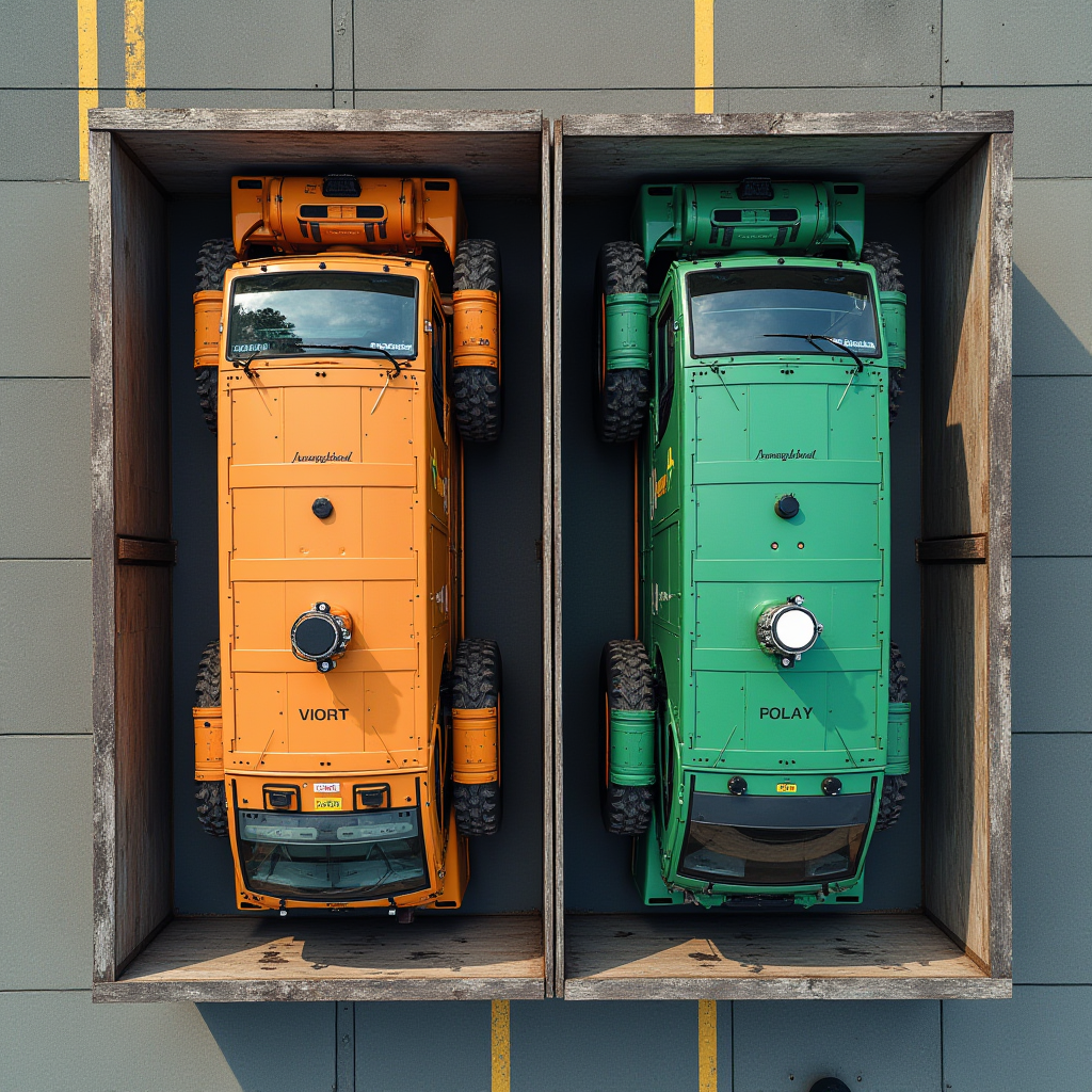 Two brightly colored trucks perfectly aligned inside wooden compartments viewed from above.