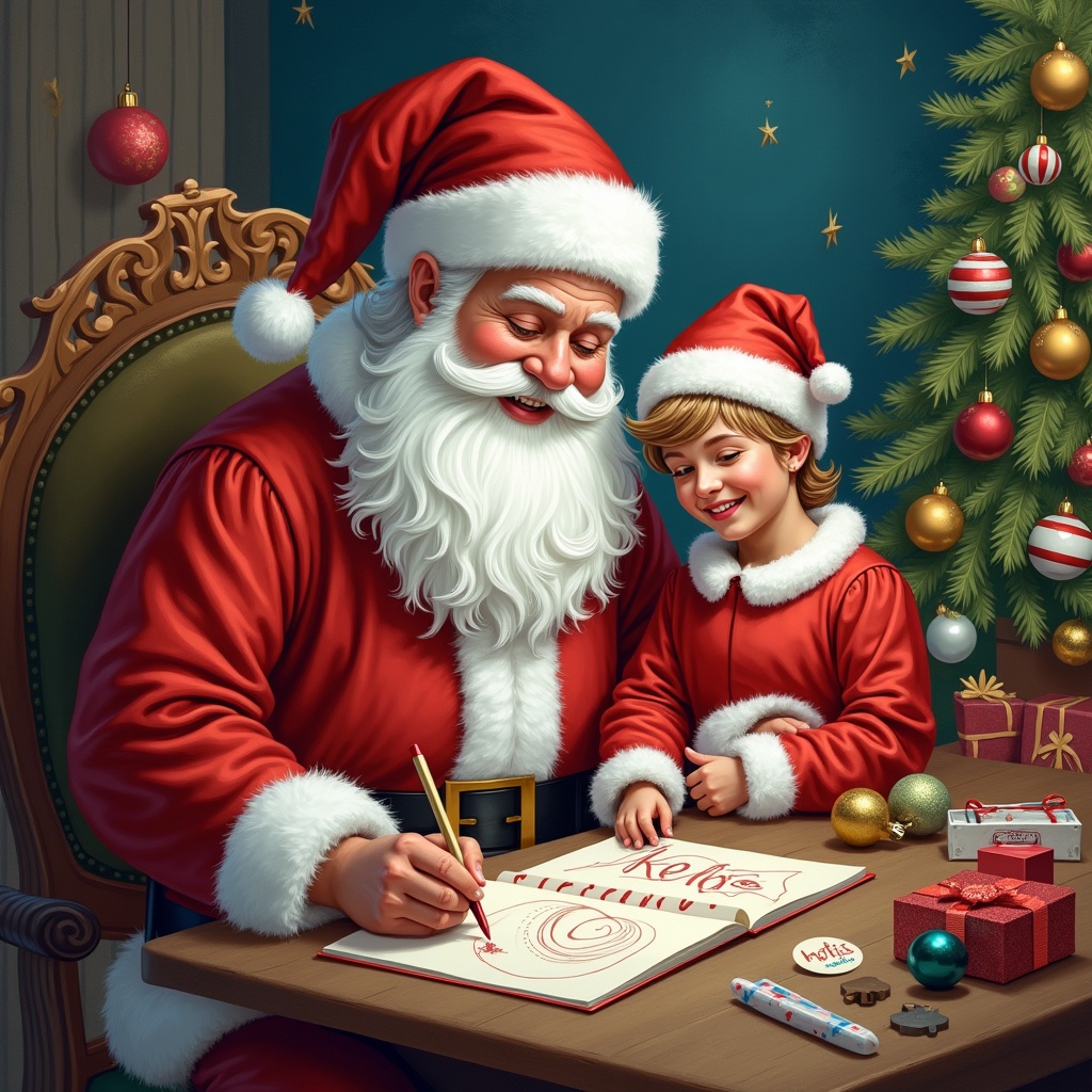 In a festive, cozy room, Santa Claus is seated at a beautifully decorated table, drawing names on Christmas baubles. A cheerful child, wearing a matching red outfit, is sitting closely beside him, watching in excitement. The warm glow of the room, adorned with a decorated Christmas tree filled with colorful ornaments, enhances the joyful atmosphere. Gift boxes and holiday treats are scattered around, adding to the festive ambiance. Santa is focused on writing names like 'Kelsi', 'Jazmine', and 'Lottie' on the baubles, creating a magical moment of holiday cheer.