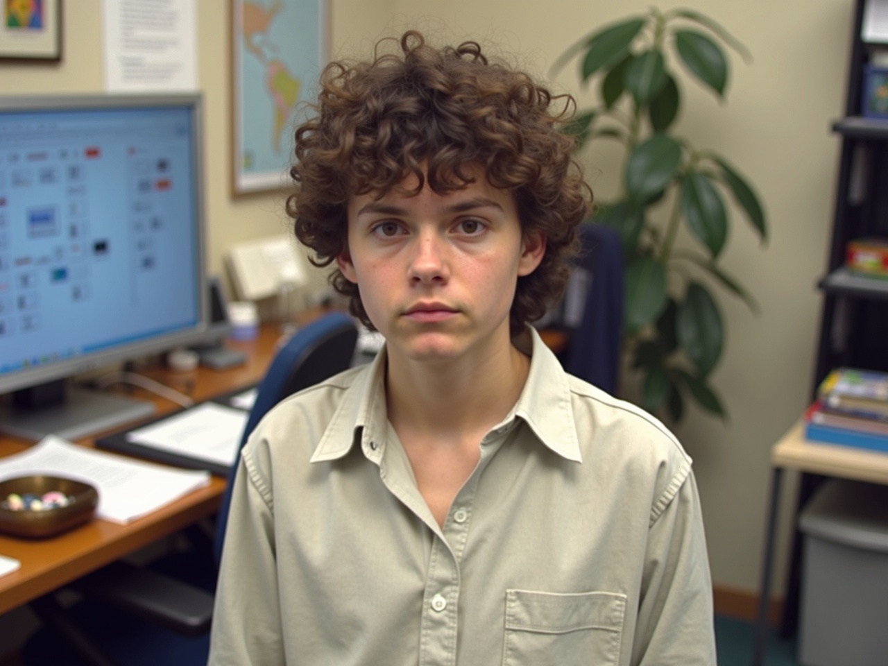 The image features a person with curly hair and a light shirt standing in an indoor environment. They are looking directly at the camera with a serious expression. In the background, there's a desk with a computer monitor that has multiple icons on the screen, as well as some clutter typical of a workspace. On the desk, there are various items including papers, an ashtray, and a small collection of objects that hint at personal interests. The overall atmosphere of the image is casual, with bright lighting suggesting a comfortable setting.