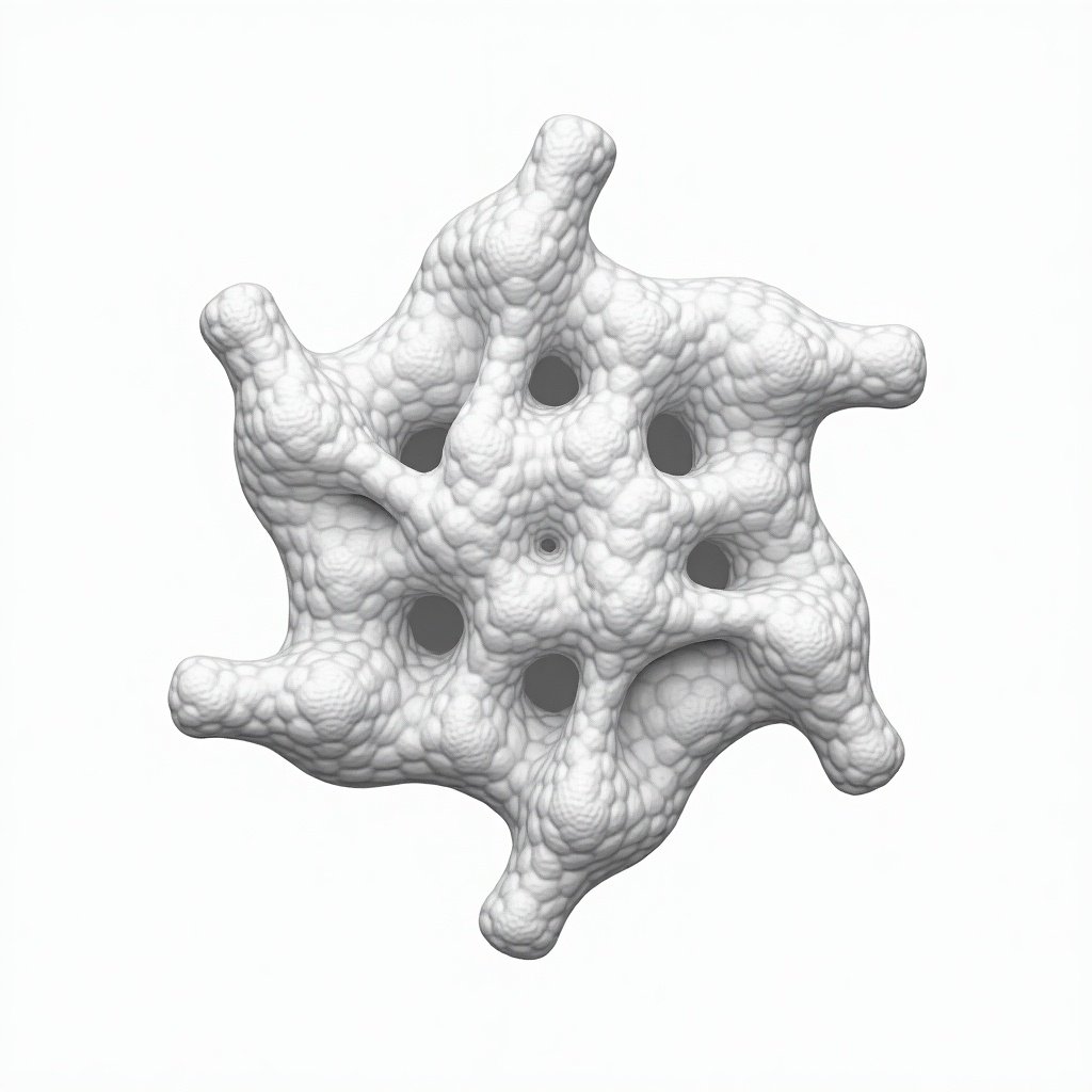 Structure of cellulose nanocrystals is illustrated. The design shows an intricate network with a complex shape. The texture appears soft and organic. The color is predominantly white, emphasizing the intricate details.