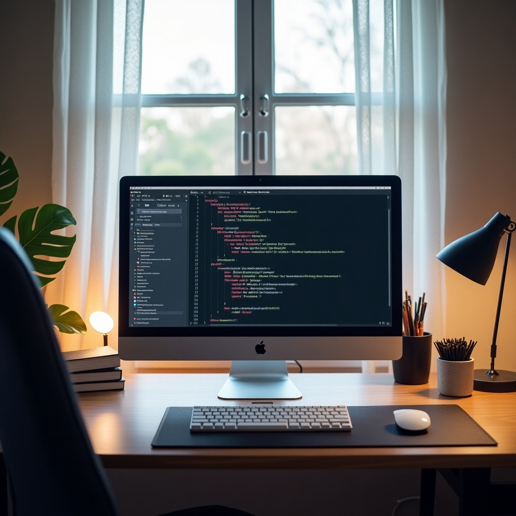 Cozy home office for software tester. Minimalistic workspace with monitor showing dark-themed code. Subtle API testing symbols included. Elements for testing tools like Postman or Cypress. Futuristic abstract patterns in the background. Magnifying glass and error icon for bug detection. Neutral color scheme for a professional yet welcoming atmosphere.