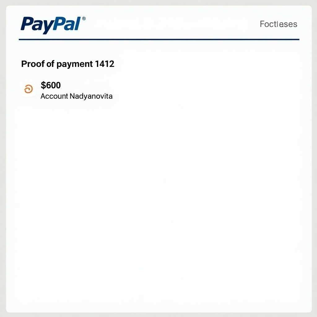 Image features proof of payment from PayPal. Document shows transaction for $600. Payment directed towards account named Nadyanovita. Design aligns with PayPal's branding for recognition. Bold text enhances readability.