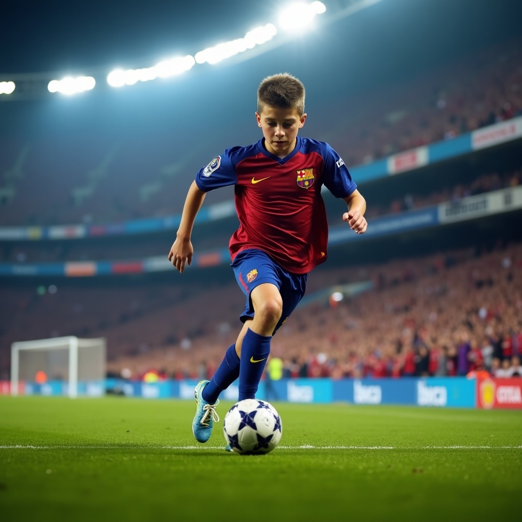 Dynamic moment in a soccer match featuring a young athlete in a red and blue jersey. The player is dribbling a soccer ball with determination. Packed stadium in the background with cheering fans. Field illuminated by bright lights, showcasing skill and agility.