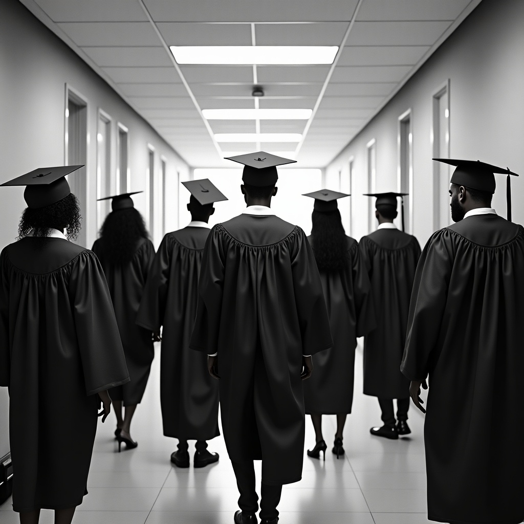 The image shows a group of African American graduates wearing black caps and gowns walking together in a hallway. They are seen from behind, creating a sense of unity and purpose. The environment is professional and suitable for a graduation event. The setting is monochrome, with stark contrast emphasizing the individuals. Their confident strides reflect the accomplishment of their graduation journey.