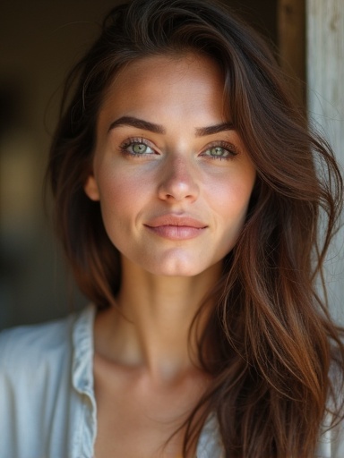 Pretty girl with long hair and bright eyes smiling at the camera. Natural beauty with soft light. Close-up portrait.