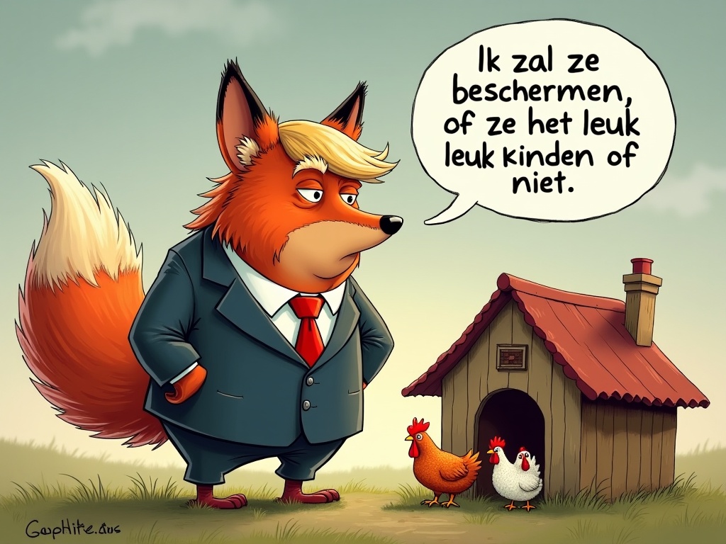 The image features a cartoon fox anthropomorphized to represent a well-known political figure. It stands confidently in a suit, exuding an air of authority. The fox is speaking to two hens outside a hen house, promising to protect them. The dialogue in Dutch humorously indicates that the fox will protect the hens whether they like it or not. This playful twist on the traditional fable highlights the juxtaposition of power and trust. The visual style is vibrant and exaggerated, enhancing the comedic effect of the scenario.