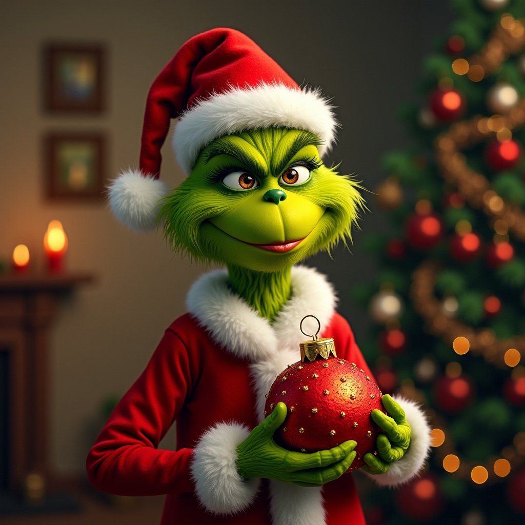 Grinch holds red ornament. Background has Christmas tree. Grinch wears Santa outfit. Heart shrinks smaller.