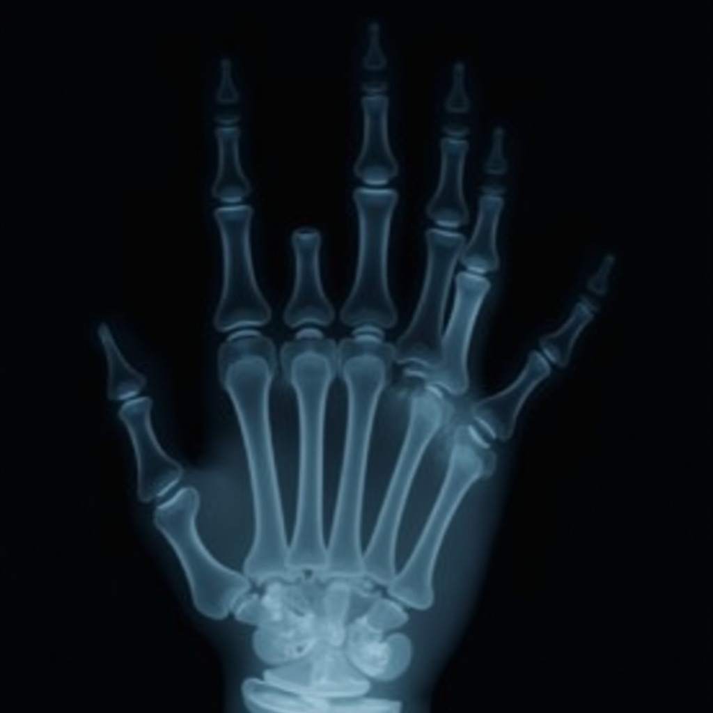 An X-ray reveals the skeletal structure of a human hand against a dark background.