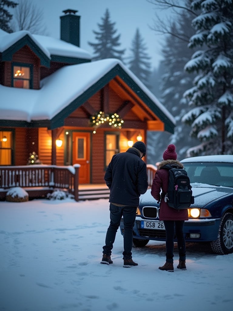 A snow-covered lodge stands in the evening. Soft Christmas lights glow on the lodge's exterior. A couple studies a car. One individual holds a camera bag. The other stands in front with flushed cheeks. Snow falls gently around them.