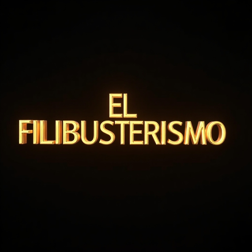 Gold 3D letters create the word EL FILIBUSTERISMO. Letters are shiny and reflect light. Dark background enhances gold color.