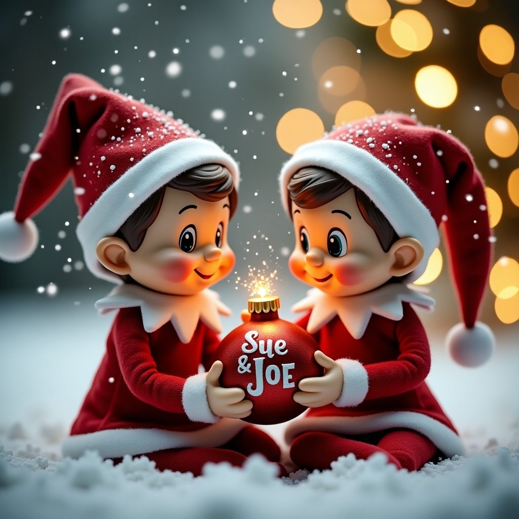 The image features two cheerful elves celebrating Christmas in a snowy setting. They are intimately engaged in holding a festive bauble with the name 'Sue & Joe' written on it. The background is filled with softly glowing lights that create a warm and inviting atmosphere. Both elves are dressed in traditional red and white outfits, showcasing a sense of holiday cheer. Snowflakes are gently falling around them, enhancing the magical feel of the scene. This image captures the essence of holiday joy and the spirit of giving, perfect for seasonal celebrations.