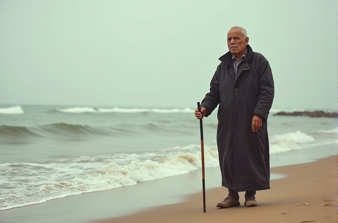 An elderly man in a long coat stands on a beach, holding a walking stick, against the backdrop of a calm sea.