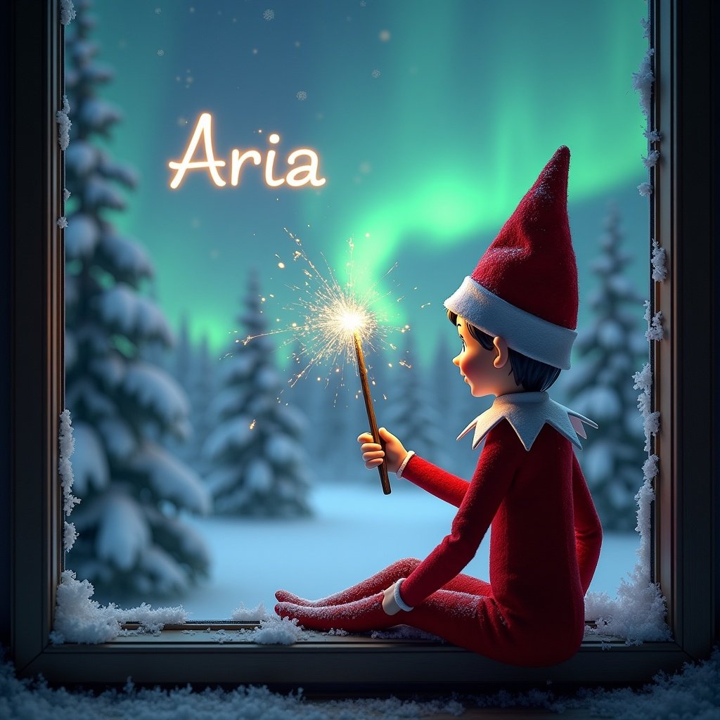 Elf character with a magical wand creates sparks while looking at northern lights. Scene depicts a winter wonderland with snow-covered trees. The elf wears a red outfit with white trim, embodies Christmas spirit. 'Aria' name included in the display.