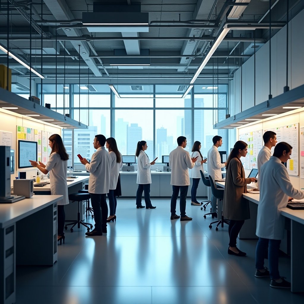 A modern laboratory setting for multidisciplinary research and development. Several researchers in white lab coats are engaged in discussions and calculations at workstations. The open space features large windows overlooking a city skyline, enhancing the environment for collaboration. The overall atmosphere is vibrant and energetic, focused on innovation and teamwork.