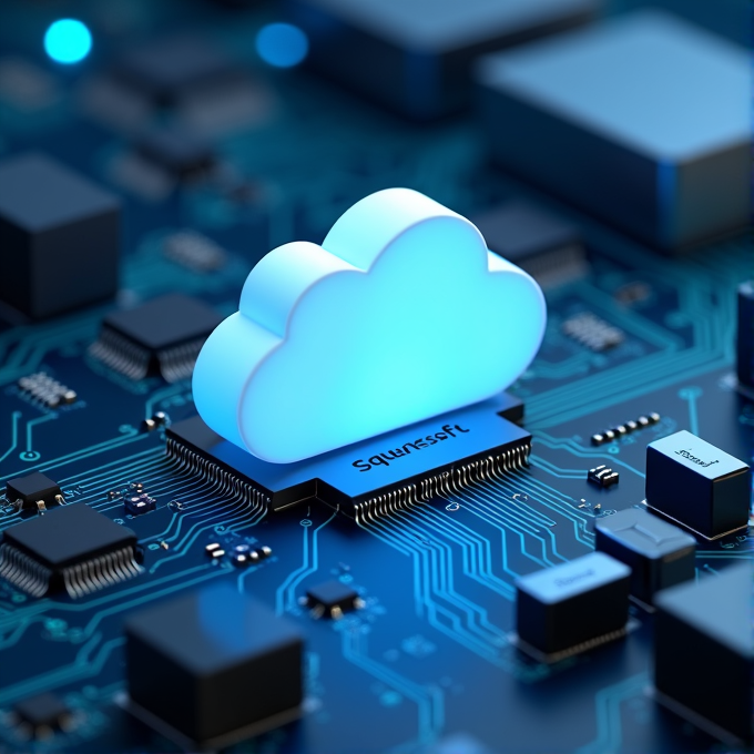 A glowing blue cloud symbol sits atop a microchip on a circuit board, representing cloud computing technology.