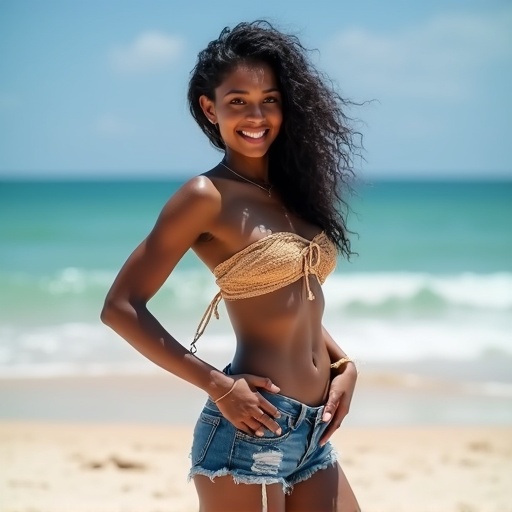 Image of a beautiful Indian woman standing on a beach. She wears a bandeau top and denim shorts. The setting shows a lively beach with blue skies and soft waves. The woman has a thin build and dark skin. She smiles confidently with one hand resting on her pelvis. Long, wavy hair flows in the breeze. The scene captures a joyful, carefree moment under the sun.