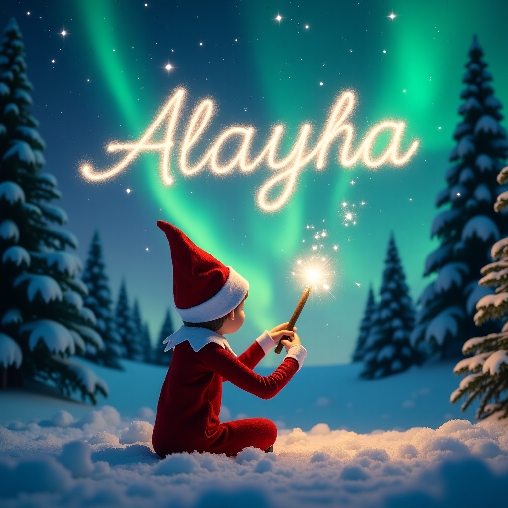 Image depicts an elf on the shelf in winter. Elf sits back to viewer. Faces a sky with northern lights. Uses wand to write in the sky. Snow covers the ground. Evergreen trees appear in the background. 'Alayah' is elegantly written above.